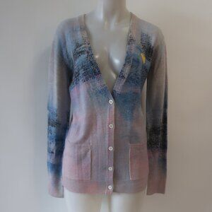 Kerri Rosenthal (Item-98) Blue Pink Watercolor Print V-Neck Cashmere Cardigan S